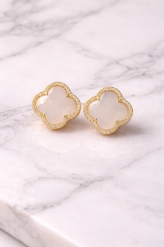 Clover Gold Stone Stud Earrings