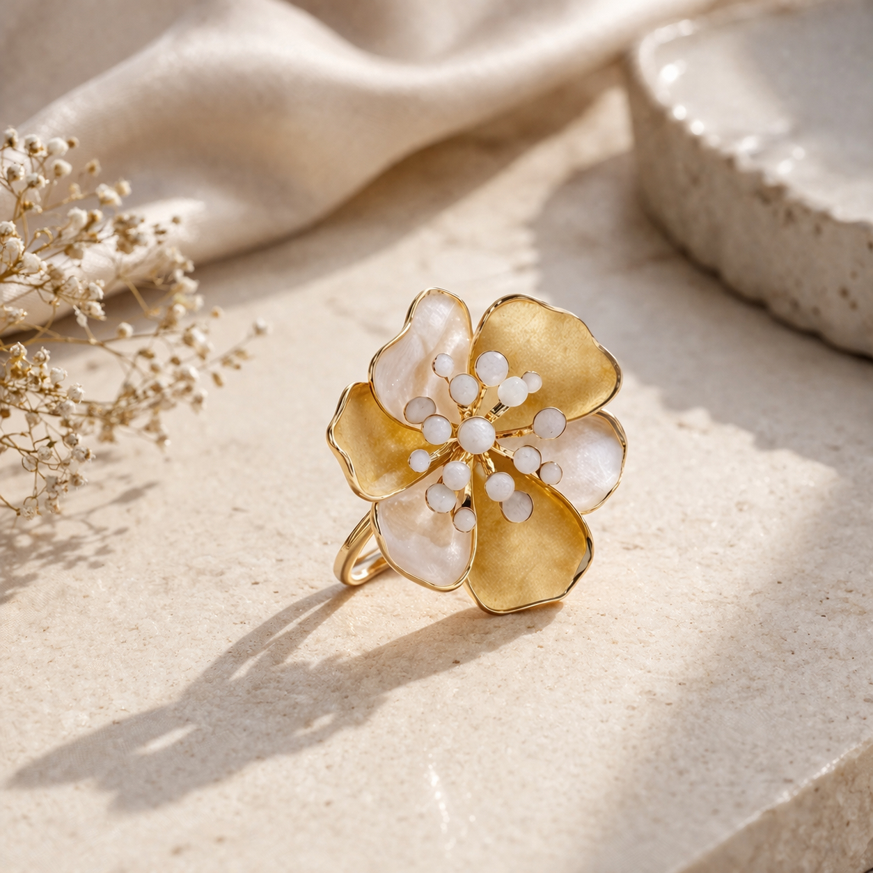 Pearl Bloom Dual-Tone Floral Statement Ring