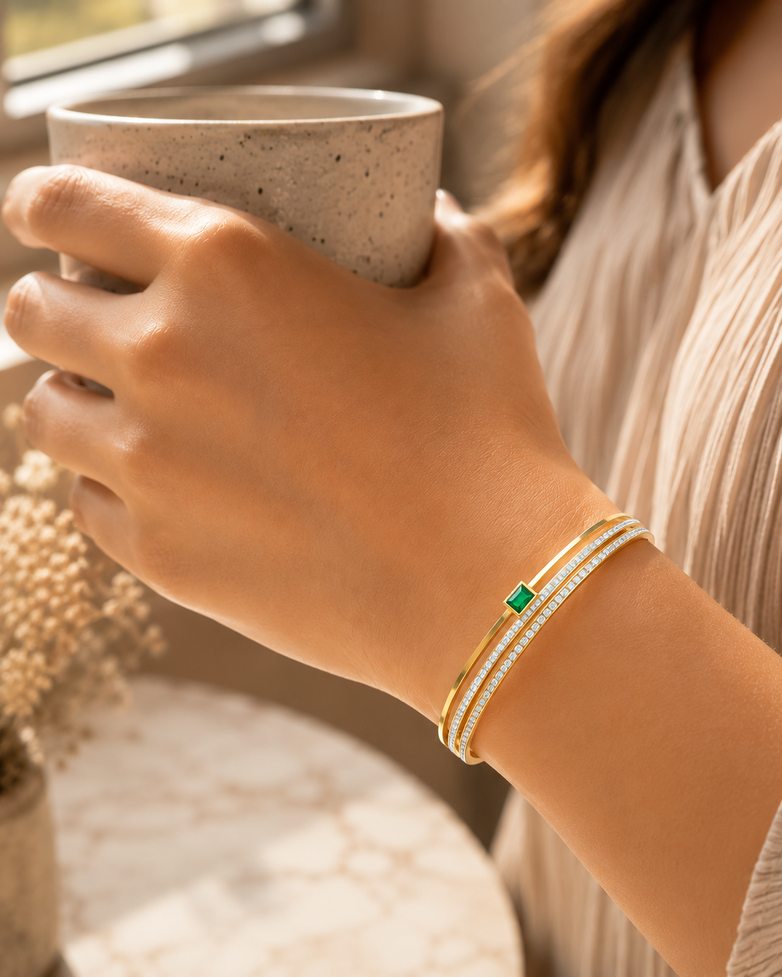 Emerald Grace Green Crystal Gold Cuff Bracelet