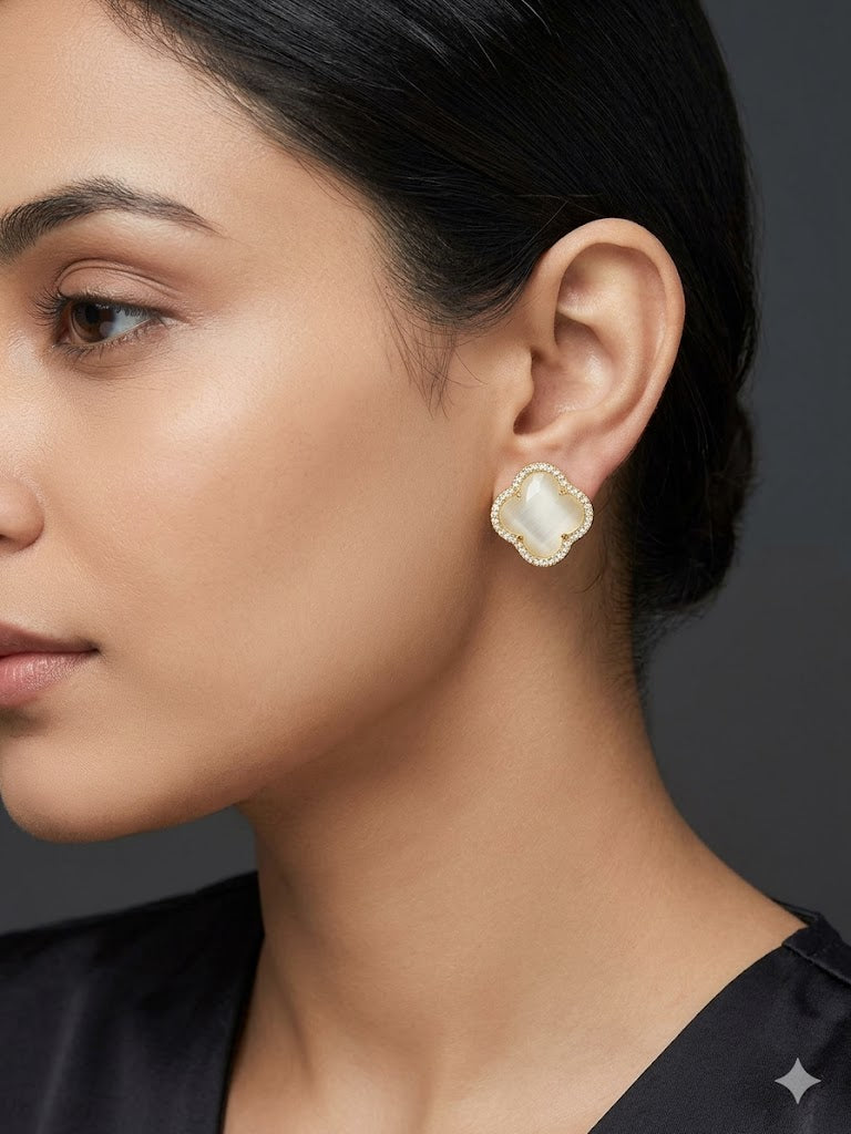 Clover Gold Stone Stud Earrings
