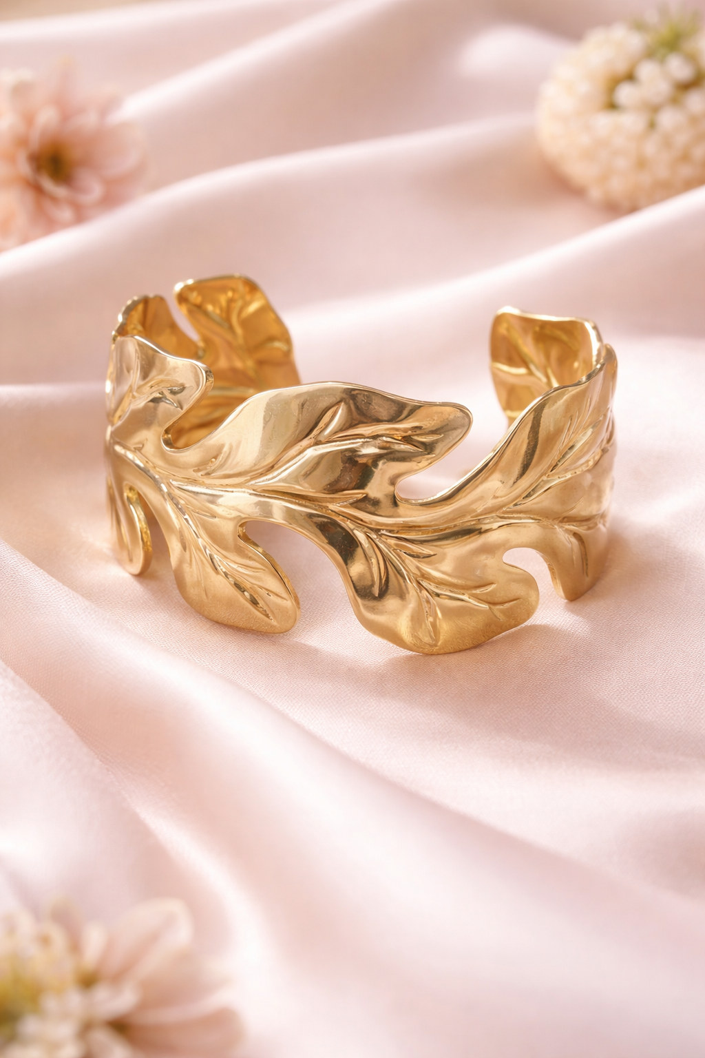 Organic Leaf Sculpted Gold-Tone Statement Cuff