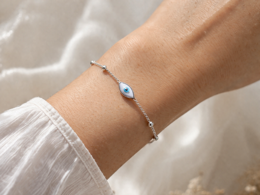 Evil Eye Minimal Silver-Tone Beaded Bracelet