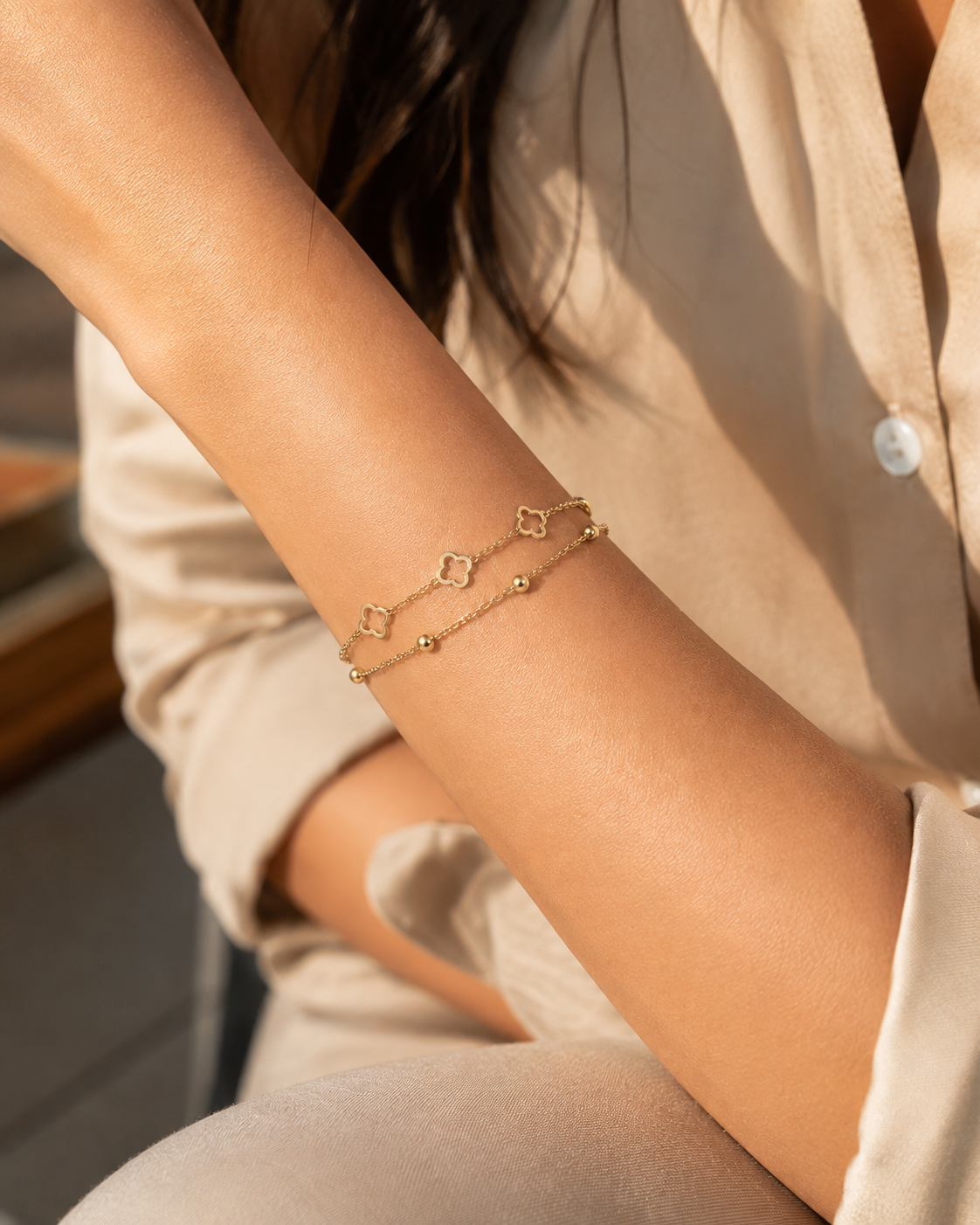Dual-Layer Gold Clover & Bead Station Bracelet