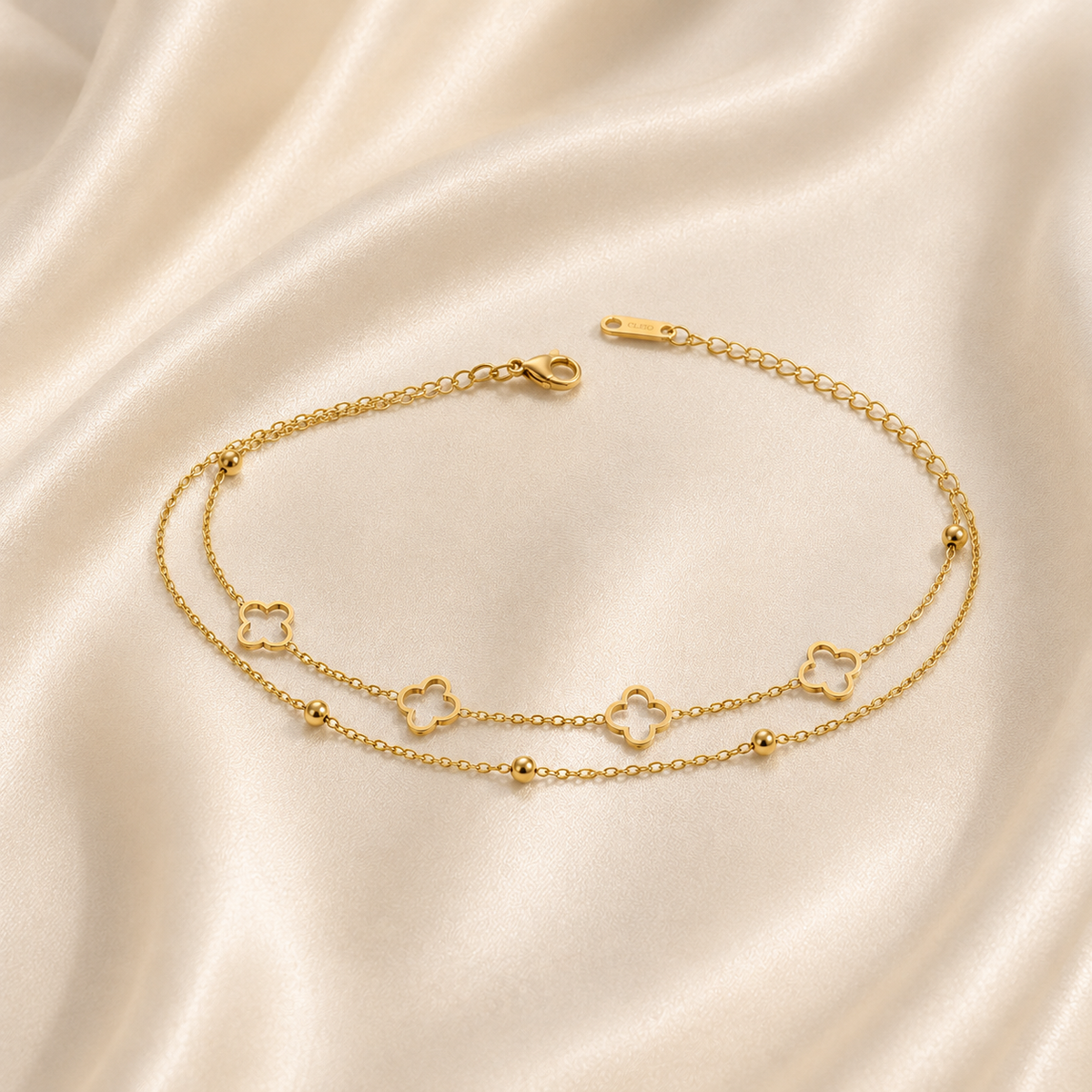 Dual-Layer Gold Clover & Bead Station Bracelet