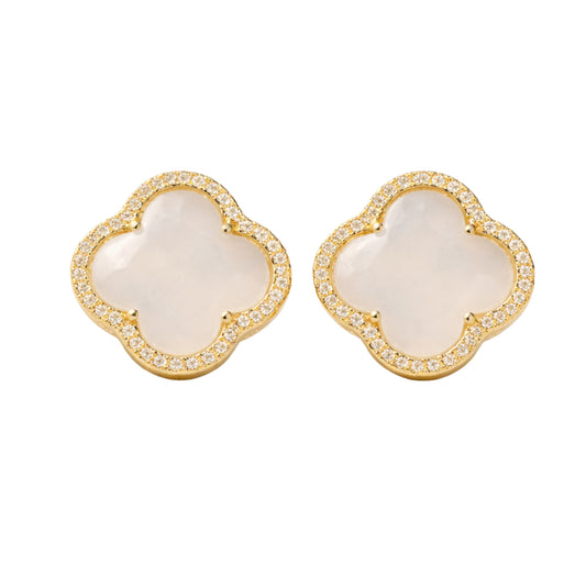 Clover Gold Stone Stud Earrings