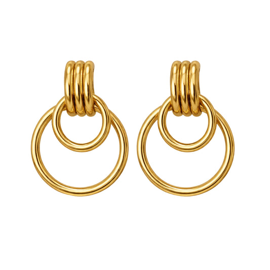 Double Ring Gold Drop Earrings