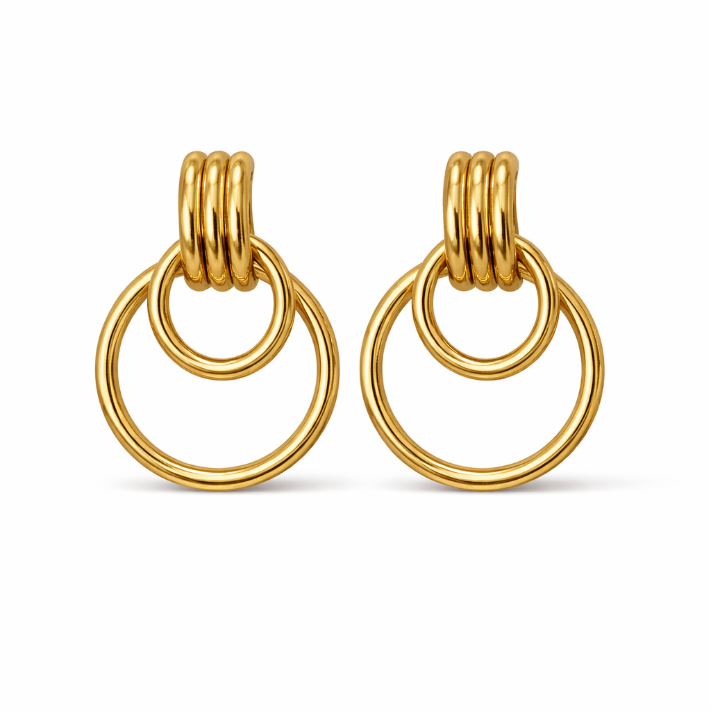 Double Ring Gold Drop Earrings