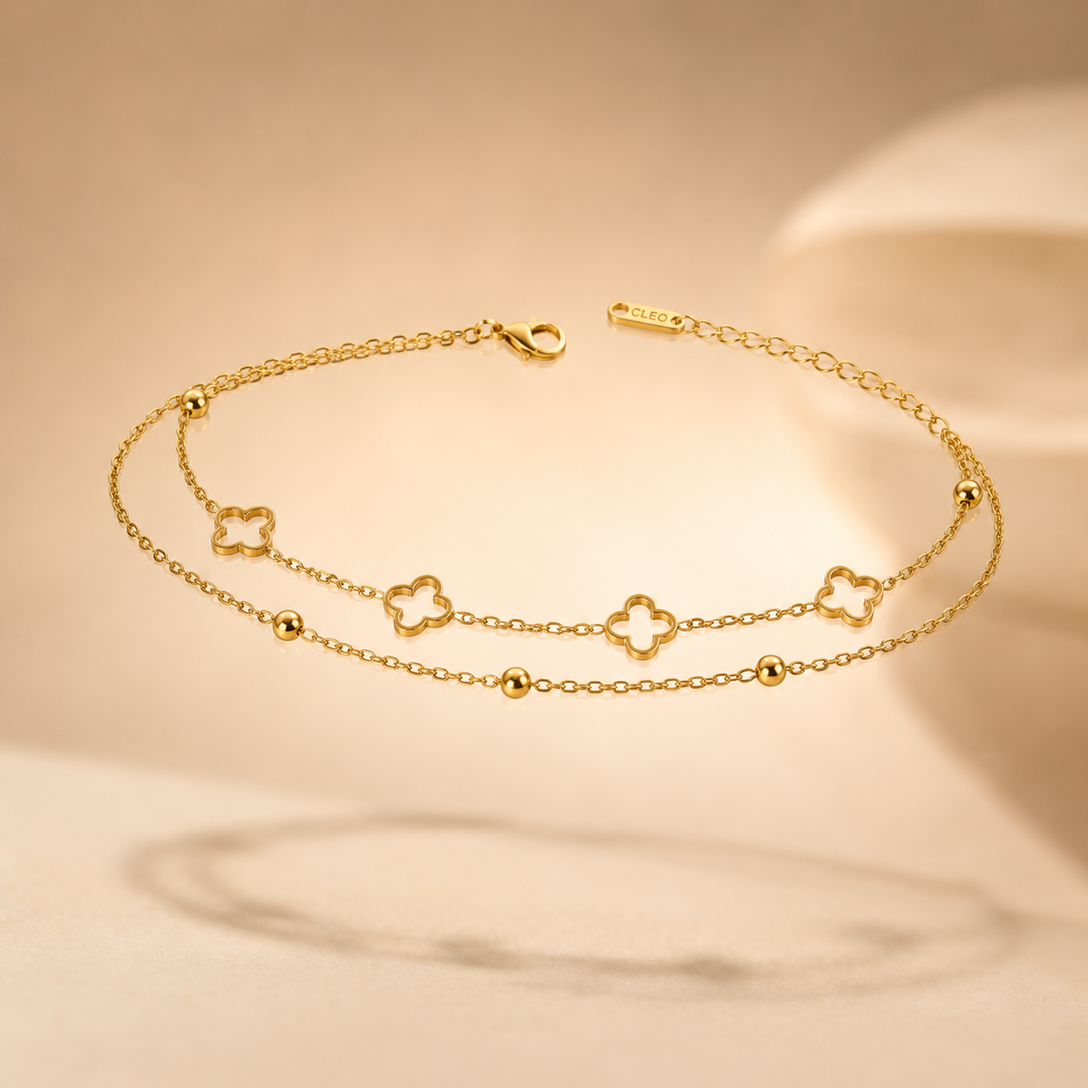 Dual-Layer Gold Clover & Bead Station Bracelet