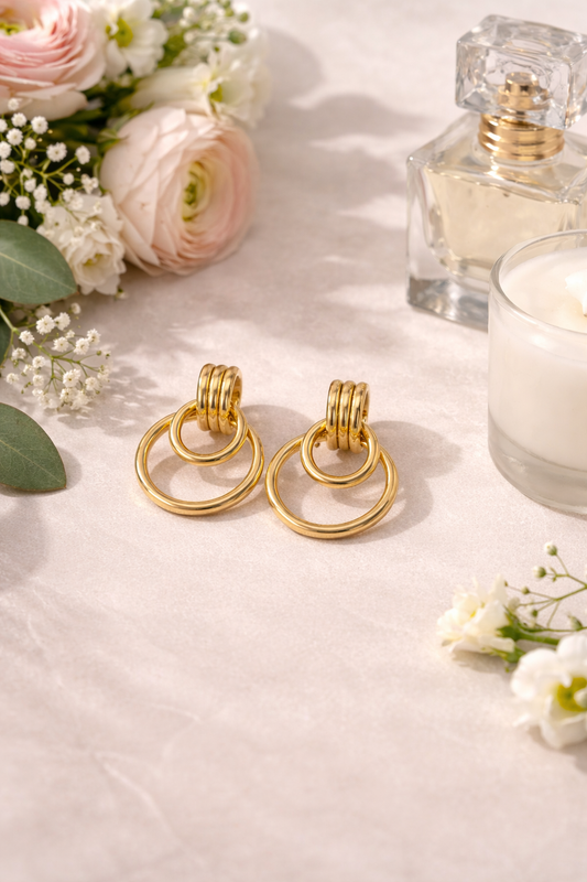 Double Ring Gold Drop Earrings
