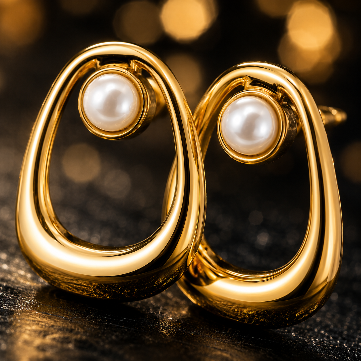 Golden Pearl Abstract Statement Stud Earrings
