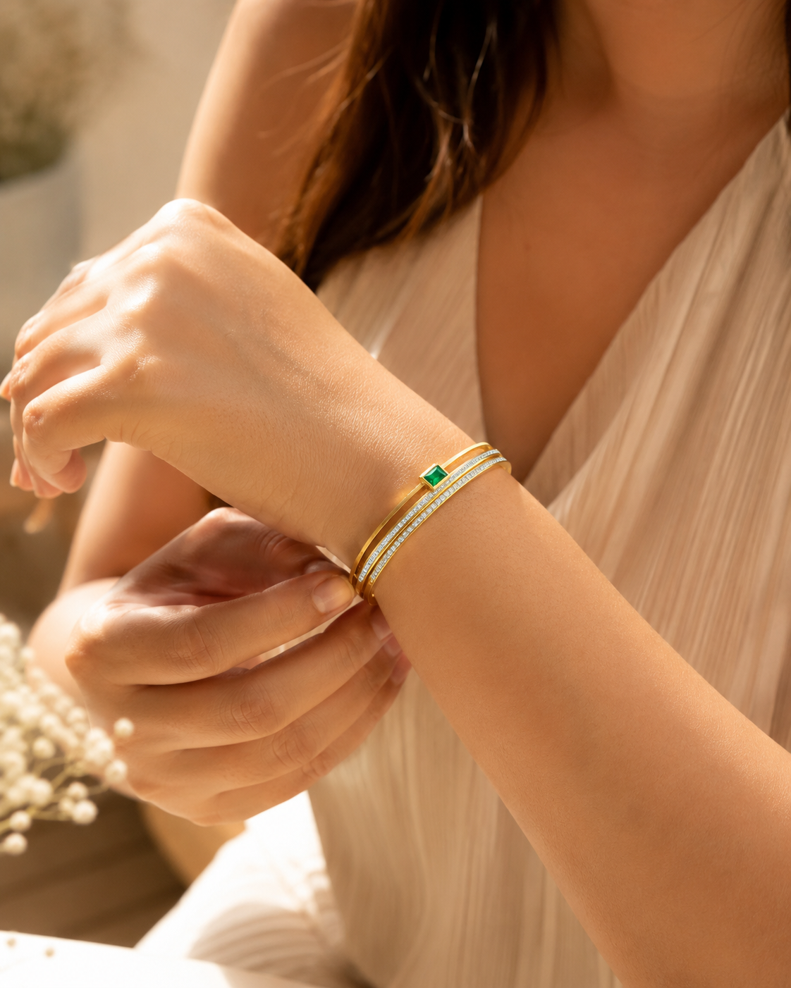 Emerald Grace Green Crystal Gold Cuff Bracelet