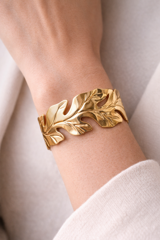 Organic Leaf Sculpted Gold-Tone Statement Cuff