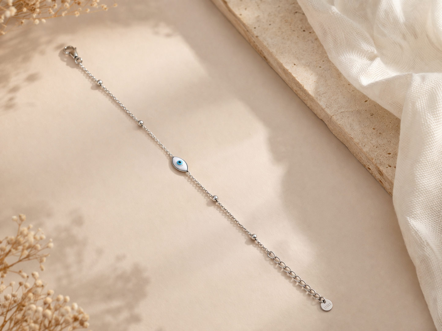 Evil Eye Minimal Silver-Tone Beaded Bracelet