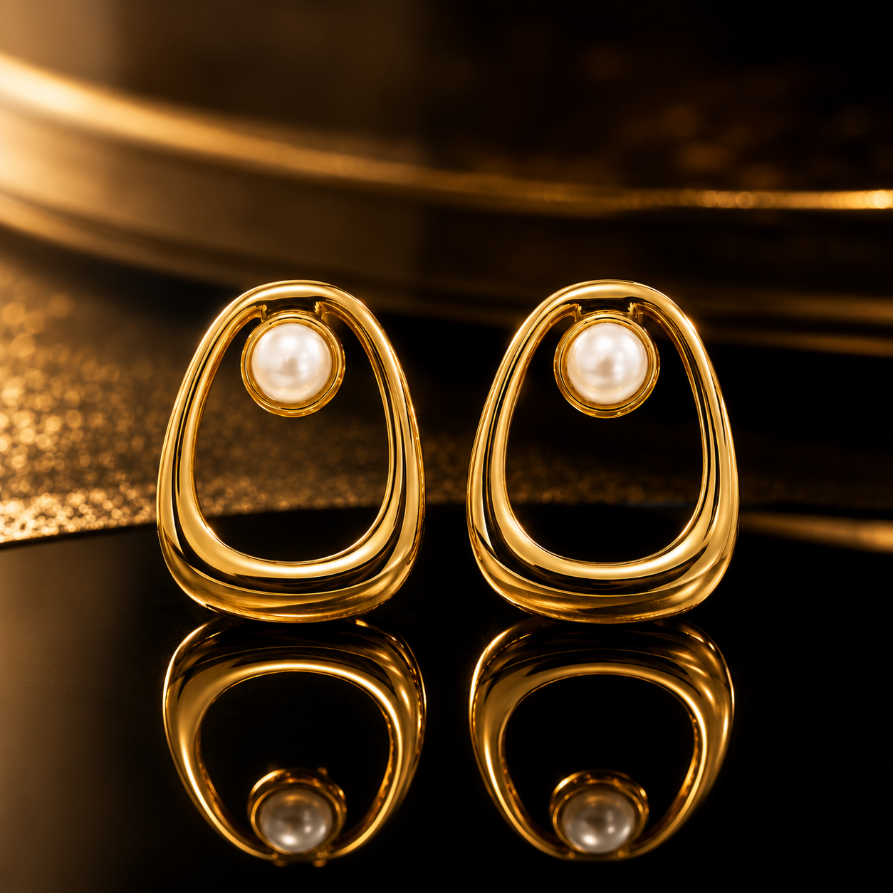 Golden Pearl Abstract Statement Stud Earrings