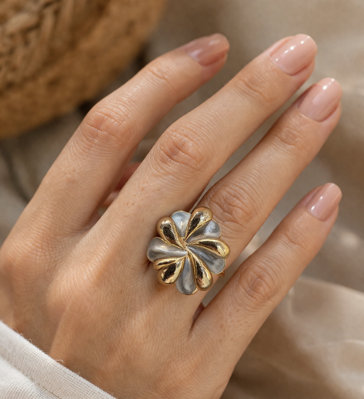 Dual-Tone Sculpted Petal Statement Ring