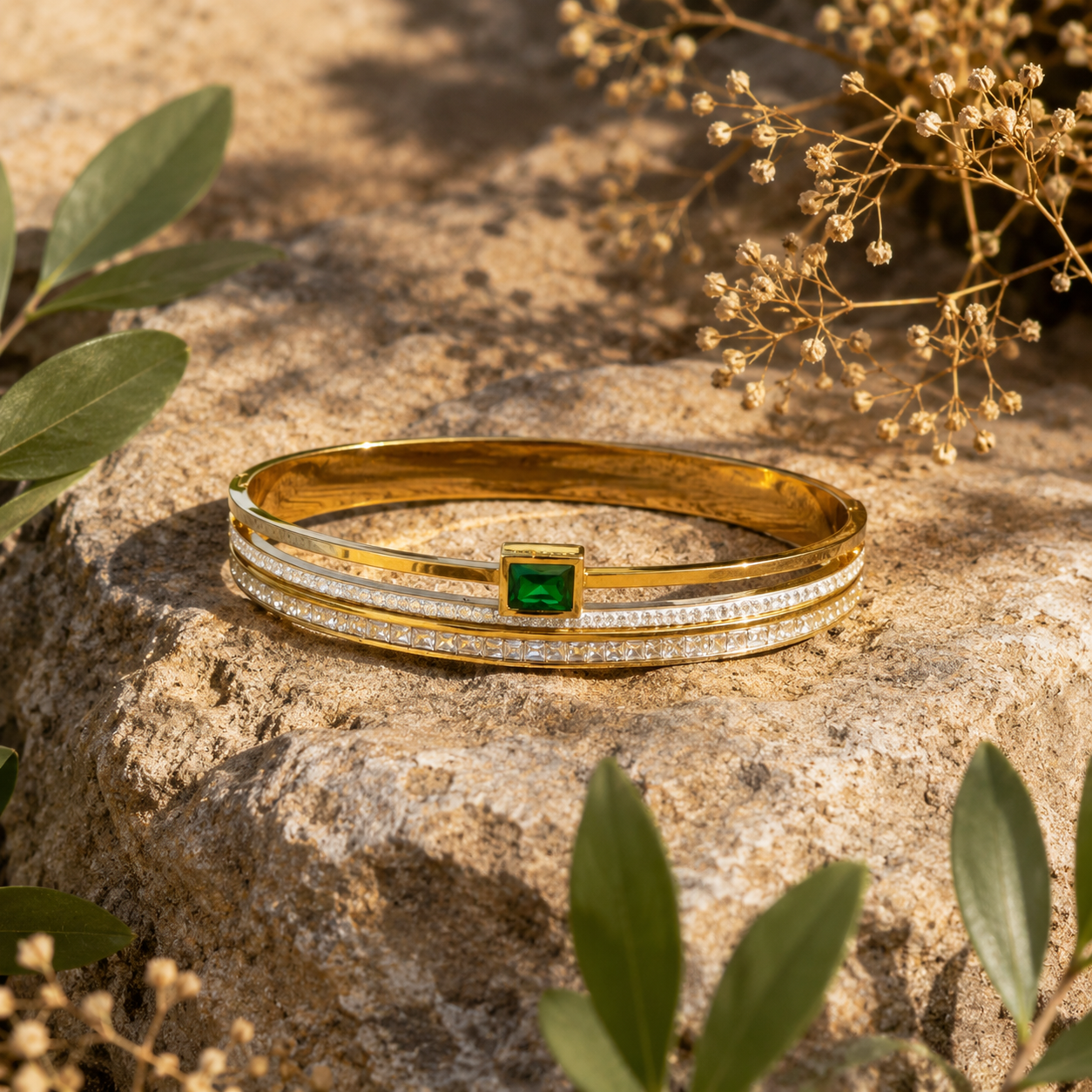 Emerald Grace Green Crystal Gold Cuff Bracelet