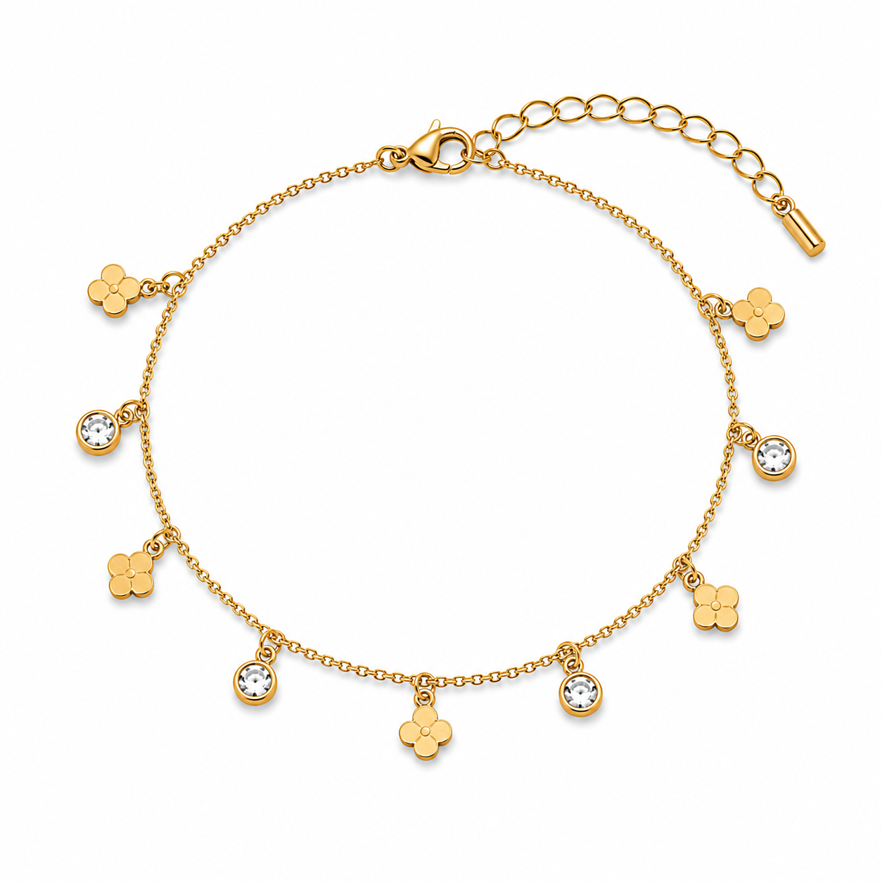 Gold Clover Charm Bracelet with Crystal Accents