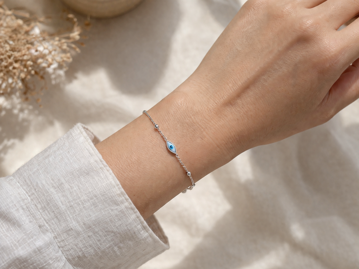 Evil Eye Minimal Silver-Tone Beaded Bracelet