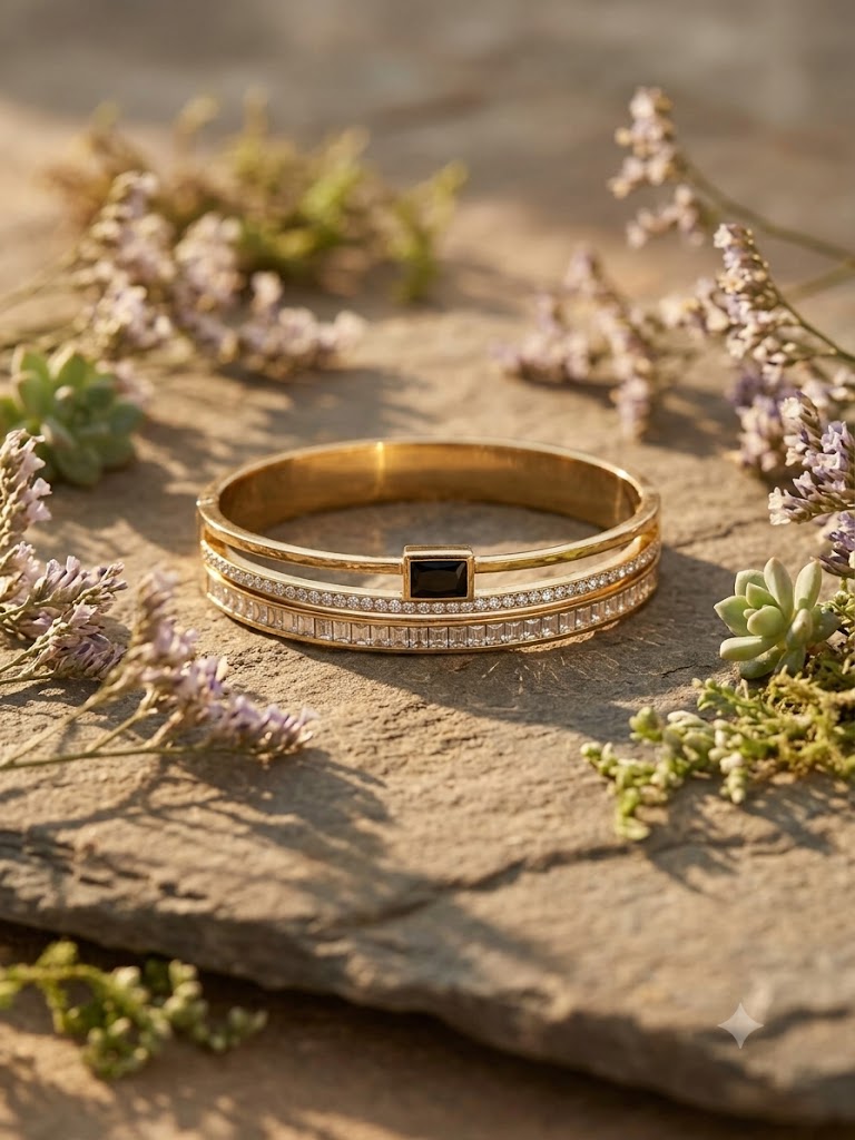 Emerald Grace Black Crystal Gold Cuff Bracelet
