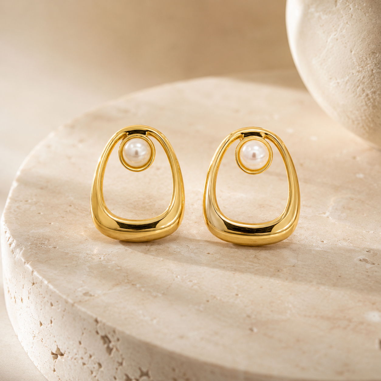 Golden Pearl Abstract Statement Stud Earrings